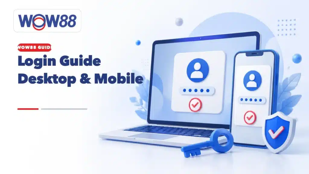 WOW88 login guide showing desktop and mobile login access icons