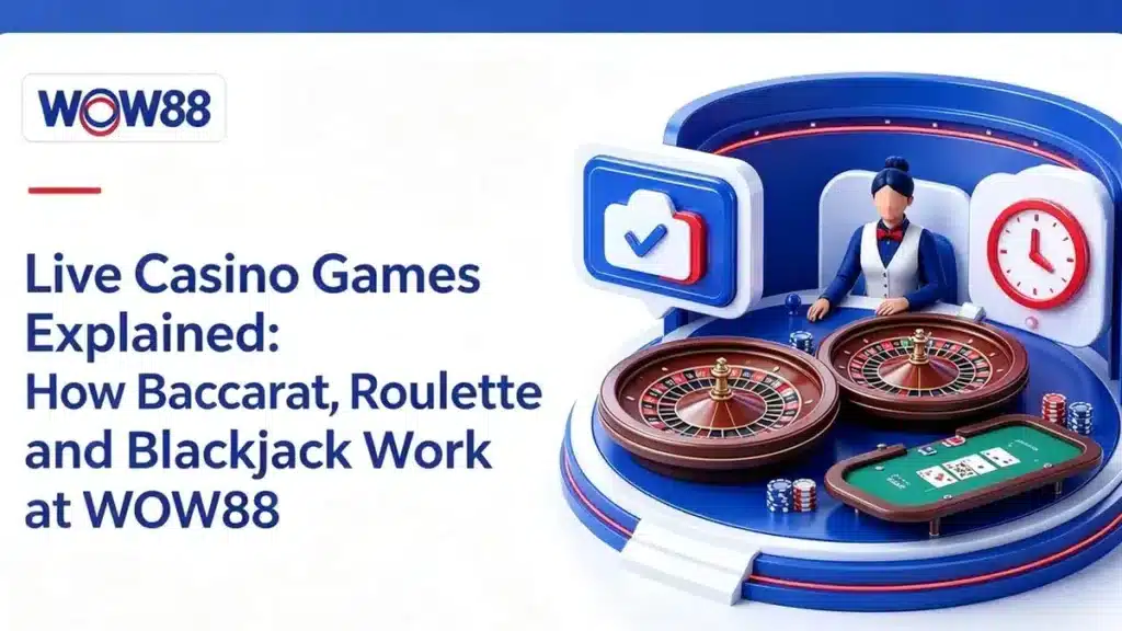 Live dealer baccarat roulette and blackjack tables illustration for WOW88